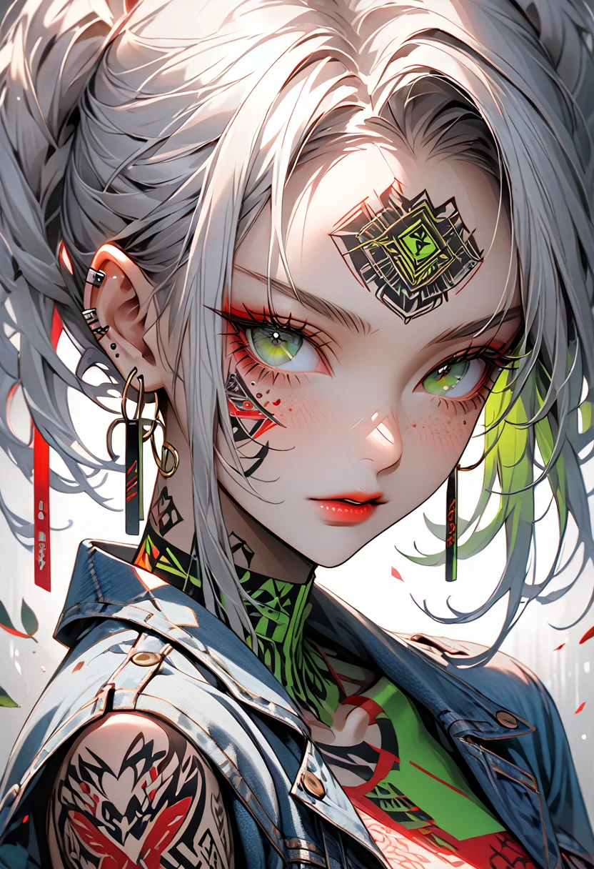 A highly detailed, hyper-realistic portrait painting of a young woman sexy decote Sensual si nude with vibrant crimson silver hair styled in an elaborate high silver and two long braided pigtails. The hair features intricate braids and is adorned with various accessories including paper clips, tags, small yellow rectangular labels, and a prominent brown card with 'UNS' written in white bold letters. The woman's face is covered in elaborate tattoos with intricate designs including swirls, leaves, geometric patterns, triangles, and symbols like hearts and anchors. She has striking green eyes accentuated with heavy eyeliner and mascara, thick, well-defined eyebrows, and full lips with a glossy brown hue. Her skin is light beige with numerous small freckles scattered across her cheeks, nose, and forehead. The woman wears large hoop earrings on both ears, with one ear featuring multiple gauges. She's dressed in a denim jacket with various colorful patches, including a prominent yellow patch with frayed edges and the text 'ADD ROO' in red bold letters, over a turquoise shirt decote Sensual sexy semi nude. The jacket features intricate tattoo-like designs, with the word 'CH' visible on the left shoulder. The background is plain light gray, ensuring all focus remains on the subject's detailed features and vibrant appearance. The lighting is soft and even, highlighting the textures and colors of the tattoos, hair, and accessories, while creating a balanced exposure that brings out the intense colors and intricate details of this modern, edgy, and artistic portrait.swxy decote Sensual semi nud