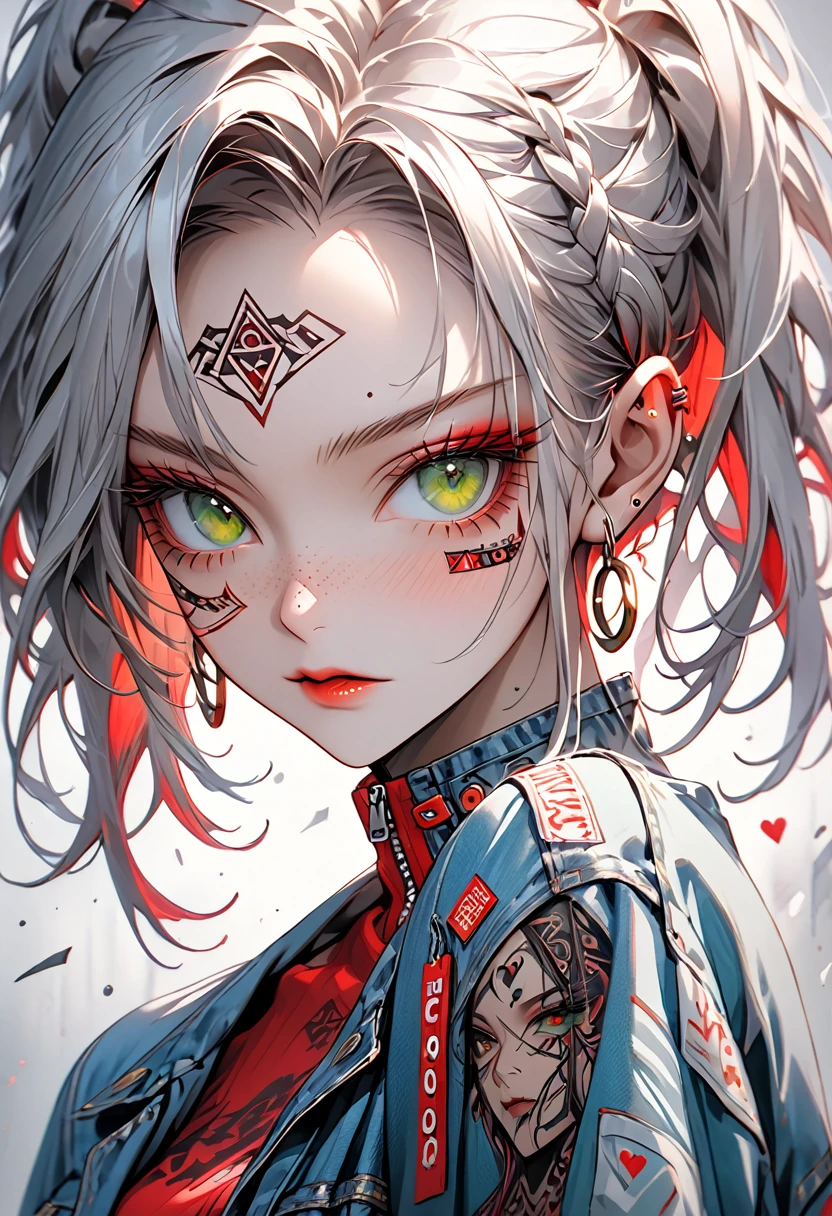 A highly detailed, hyper-realistic portrait painting of a young woman sexy decote Sensual si nude with vibrant crimson silver hair styled in an elaborate high silver  and two long braided pigtails. The hair features intricate braids and is adorned with various accessories including paper clips, tags, small yellow rectangular labels, and a prominent brown card with 'UNS' written in white bold letters. The woman's face is covered in elaborate tattoos with intricate designs including swirls, leaves, geometric patterns, triangles, and symbols like hearts and anchors. She has striking green eyes accentuated with heavy eyeliner and mascara, thick, well-defined eyebrows, and full lips with a glossy brown hue. Her skin is light beige with numerous small freckles scattered across her cheeks, nose, and forehead. The woman wears large hoop earrings on both ears, with one ear featuring multiple gauges. She's dressed in a denim jacket with various colorful patches, including a prominent yellow patch with frayed edges and the text 'ADD ROO' in red bold letters, over a turquoise shirt decote Sensual sexy semi nude. The jacket features intricate tattoo-like designs, with the word 'CH' visible on the left shoulder. The background is plain light gray, ensuring all focus remains on the subject's detailed features and vibrant appearance. The lighting is soft and even, highlighting the textures and colors of the tattoos, hair, and accessories, while creating a balanced exposure that brings out the intense colors and intricate details of this modern, edgy, and artistic portrait.swxy decote Sensual semi nud