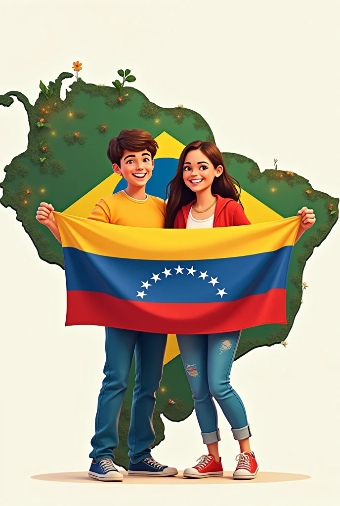 Smiling teenagers holding the Venezuelan flag inside the map of Brazil with aspects of Venezuelan and Brazilian culture