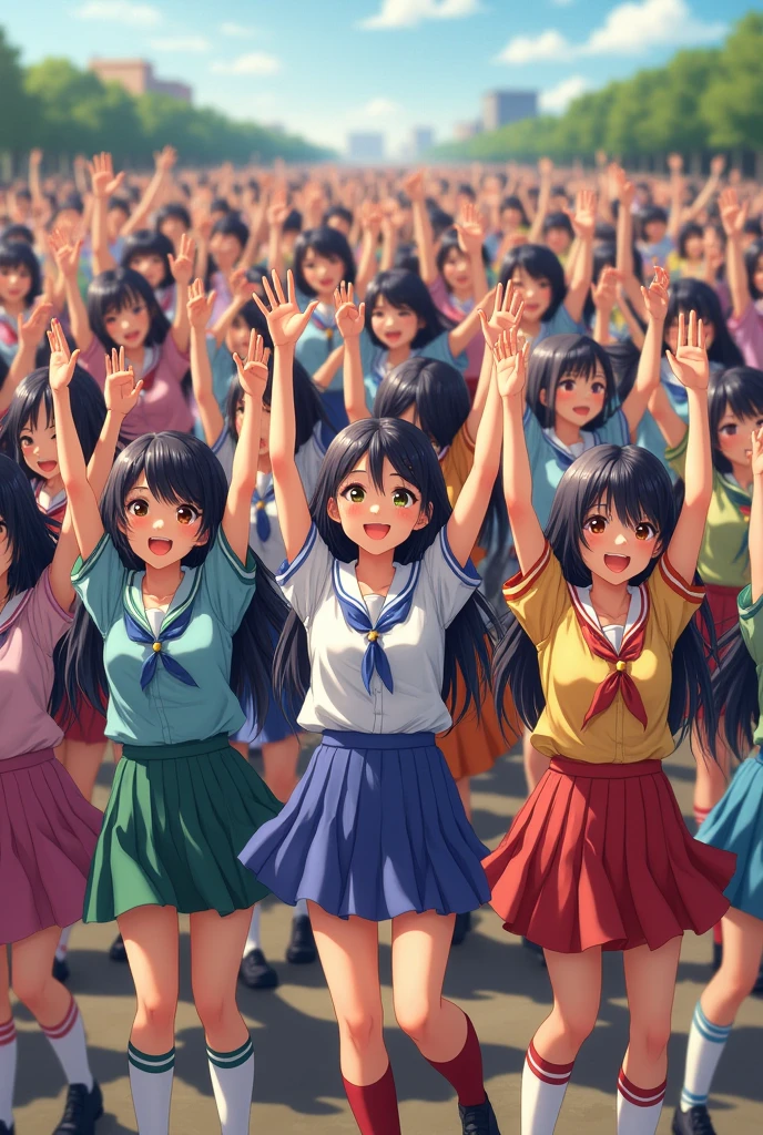 2,000 long-haired Asian girls in colorful school uniforms and long socks pose for a group photo with their arms raised