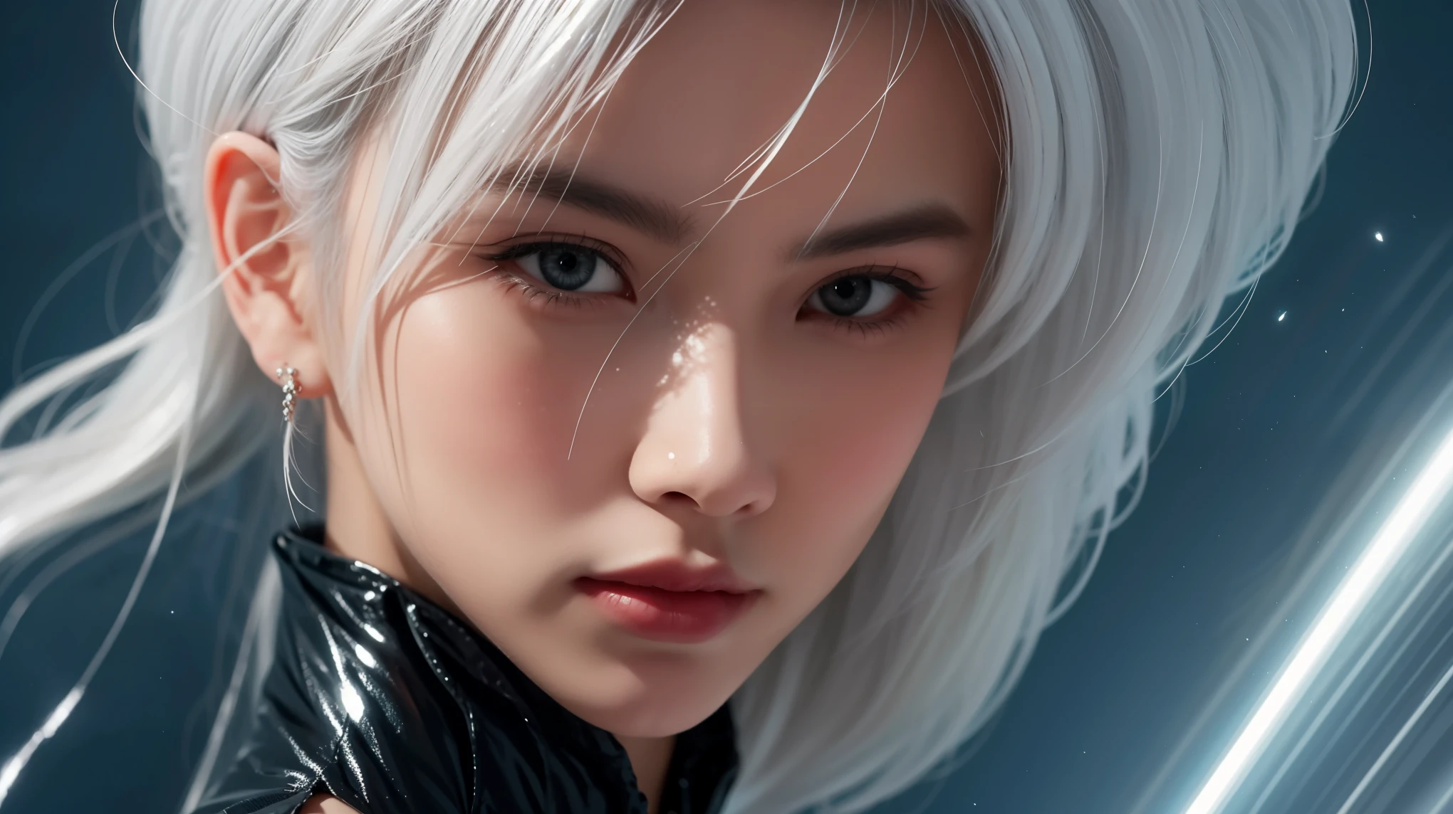 bailing_particles,bailing_lines,The light lines,Particles of light,A girl made of particles,High density of lines in the finger part,(White hair: 0,3),