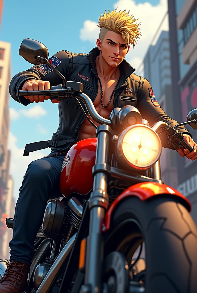 Ken Ryuguji on a motorcycle. super handsome man, high, Strong, rubio, with braid. Tattooed on the head a dragon. muscular. Tokyo revengers. Yellow hair. Young boy. Charismatic and smiling. Good friend. very handsome. Peinado, con traje de pandillero japones