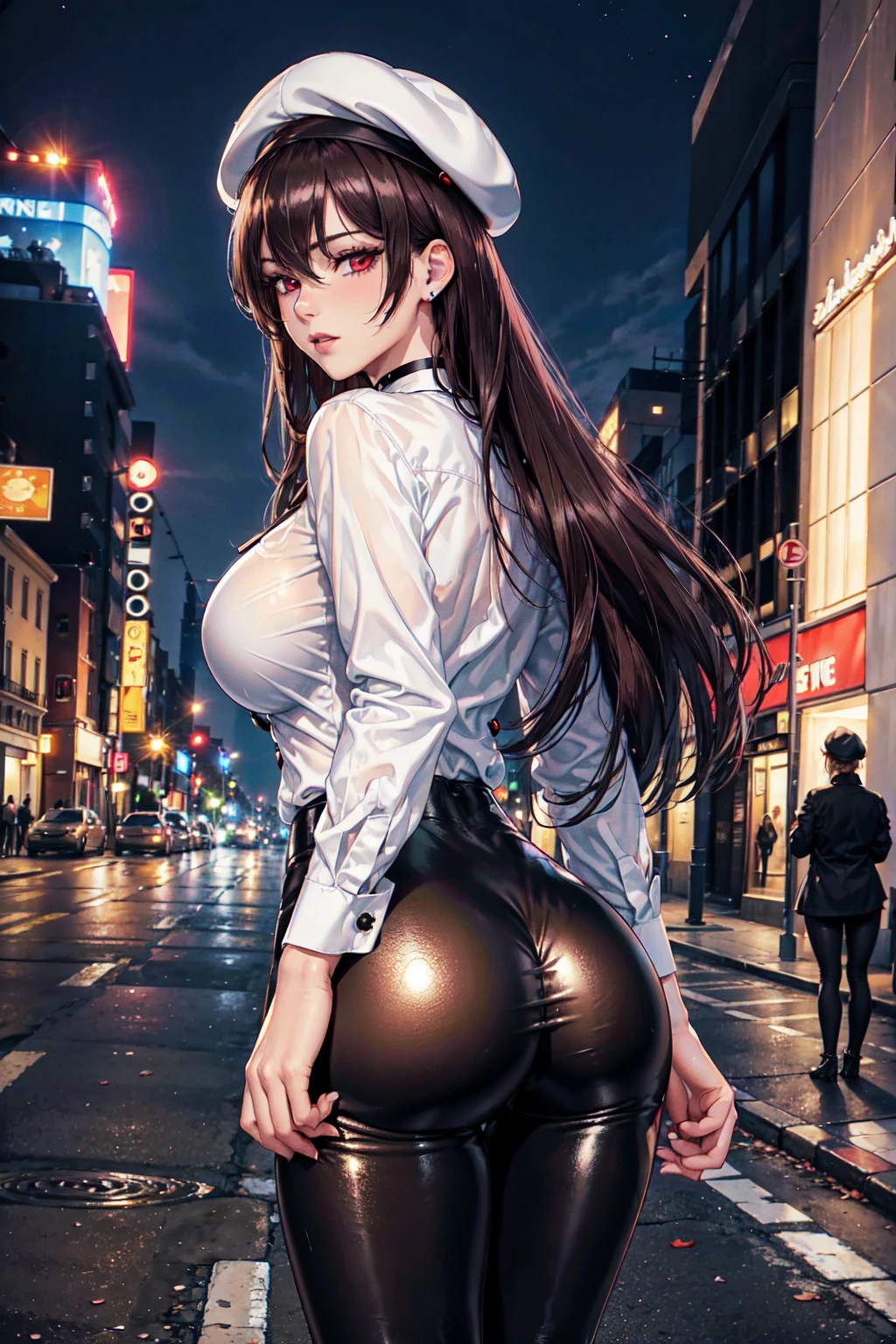 masterpiece, Superior image quality, High resolution, 4k image, photorealistic, 1 young girl of 20 years old, walking, {Alone}, big breasts, beautiful face, long dark brown wavy hair, scarlet red eyes, very detailed eyes, seductive expression, black french beret, choker:1.6, (white collar button down shirt white long sleeve), (shiny black leggings), black boots, sensual lips , show details in the eyes, view from behind, perfect ass, Street, city at night