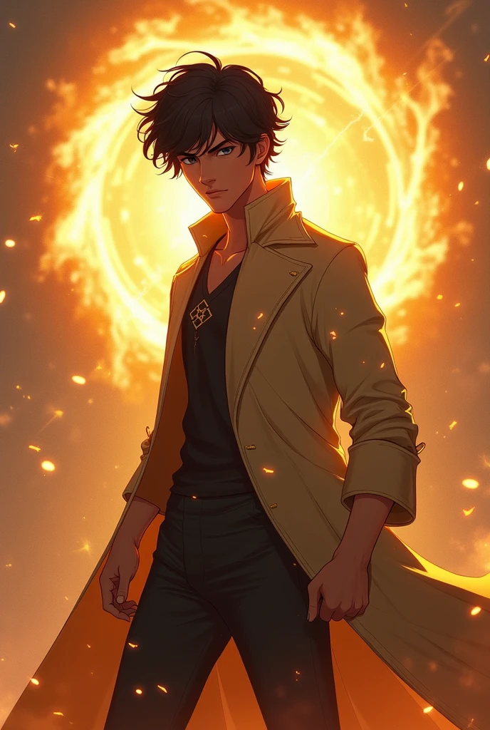 create a character from a game , His name is Rafael Darkbane, he has solar manipulation powers, he can generate explosions of light and heat. , He is dark-haired, straight and a teenager and his clothes are a beige coat. 