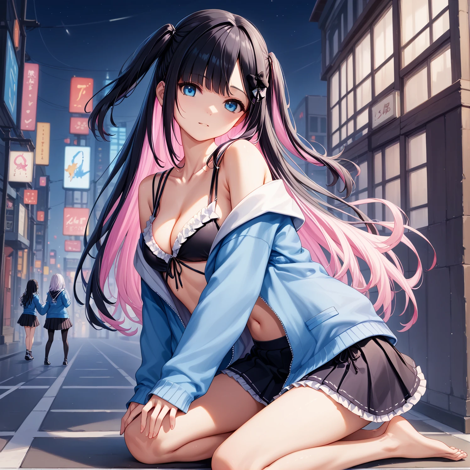 2 girls,((Highest quality)),(masterpiece),(Realistic Shadows),NSFW,「1st girl,Long Hair,(colored inner hair　black hair + pink inner hair),email,multicolored hair,off shoulder top, frilled clothing, cardigan, mini skirt」,BREAK　in the city, at night, best light, full body shot, from side, , skyscraper,BREAK　 (2nd girl,KAGASUMMER, two side up, hair bow, black bow, blue jacket, open jacket, off shoulder, long sleeves, frills, black bikini, frilled bikini, front-tie bikini top, bare shoulders, collarbone, cleavage)
