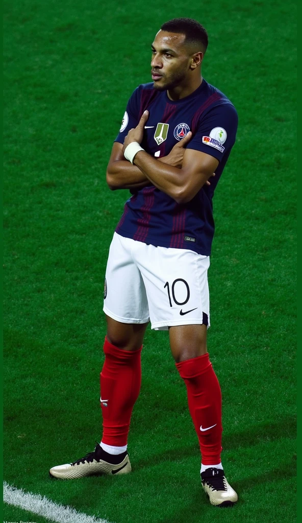 photorealistic, 8k, hyperrealistic, a Mbappe wear PSG jersey, number 10, celebrating his goal, in stadium, arm crossed pose, highly detailed face, intense expression, full body in frame, dramatic lighting, cinematic composition, chiaroscuro, dramatic shadows, photographic realism