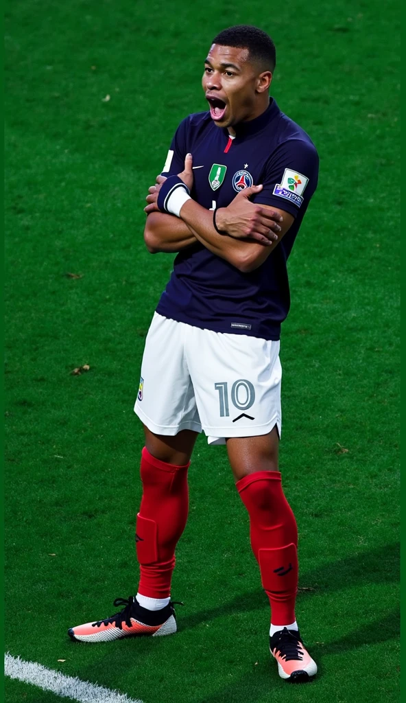 photorealistic, 8k, hyperrealistic, a Mbappe wear PSG jersey, number 10, celebrating his goal, in stadium, arm crossed pose, highly detailed face, intense expression, full body in frame, dramatic lighting, cinematic composition, chiaroscuro, dramatic shadows, photographic realism