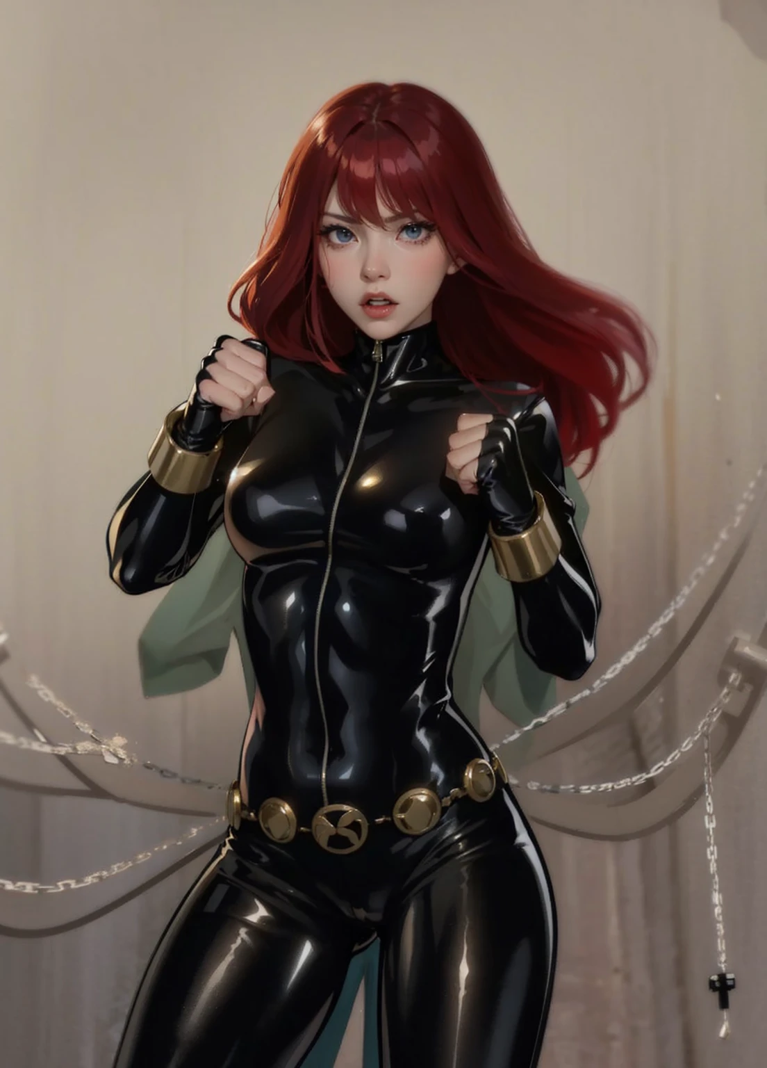 The image is a drawing of a girl with shoulder-length, bright red hair dressed in a sleek skin-tight shiny black latex bodysuit with a silver zipper running down the front. The suit is complemented by her golden wrist guard on both wrists and a golden belt made of shiny circles. She has blue eyes. She stands with a strong posture, hands clenched into fists at her sides, and eyes cast with a determined or fierce gaze. In the background, there are white chains that curve upwards. Her overall stance and the background chains convey a powerful presence and a sense of energy, readiness for action, and possibly a dangerous situation.