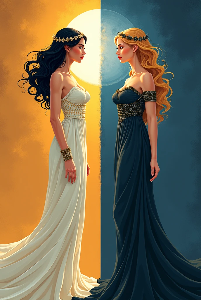 Flat vector of 2 sexy busty godsesses. They are ((((facing away from each other)))) as if they are angry. One is goddess of the day and is on the left side of the image. The other is goddess of the night and is on the right side of the image. They are both wearing elegant dress that represent their domains. the image is split in the middle. highly detailed