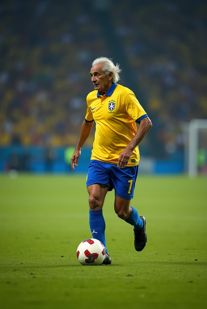 A captivating and impressive photograph of Ronaldinho Gaúcho but at 80 years of age. He has gray hair, wrinkles on his skin, he is on a soccer field, walking while kicking a soccer ball.