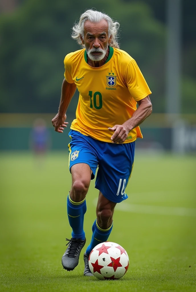 A captivating and impressive photograph of Ronaldinho Gaúcho but at 80 years of age. He has gray hair, wrinkles on his skin, he is on a soccer field, walking while kicking a soccer ball.