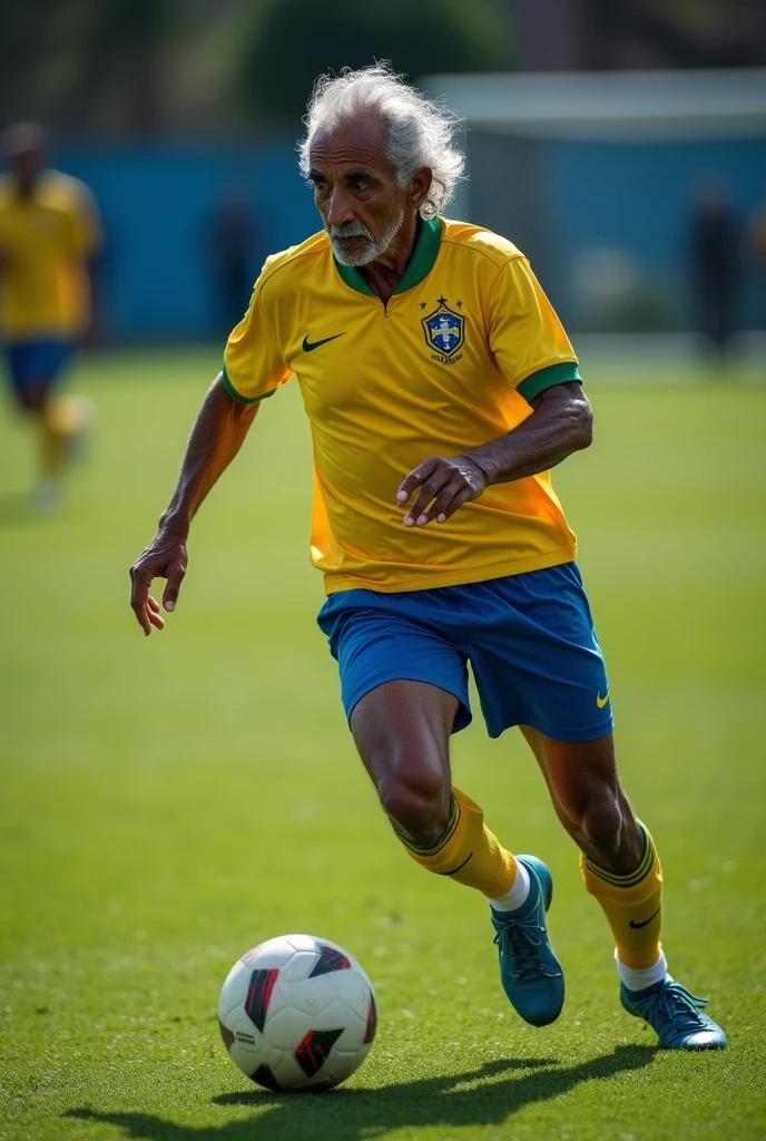 A captivating and impressive photograph of Ronaldinho Gaúcho but at 80 years of age. He has gray hair, wrinkles on his skin, he is on a soccer field, walking while kicking a soccer ball.
