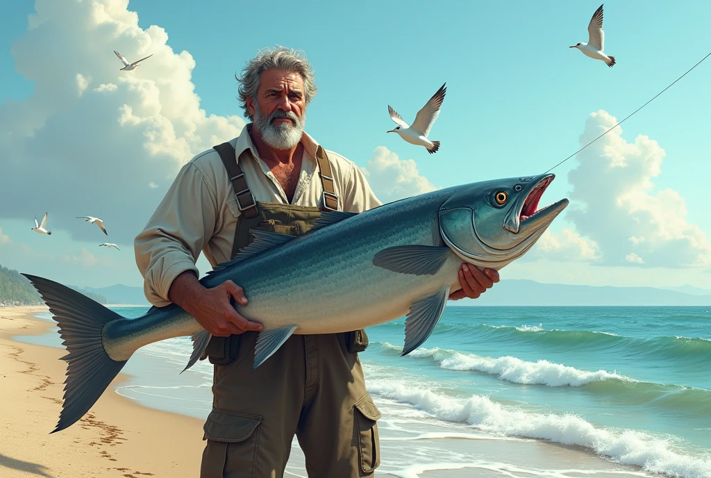 There is a fisherman who has caught a big fish on the seashore