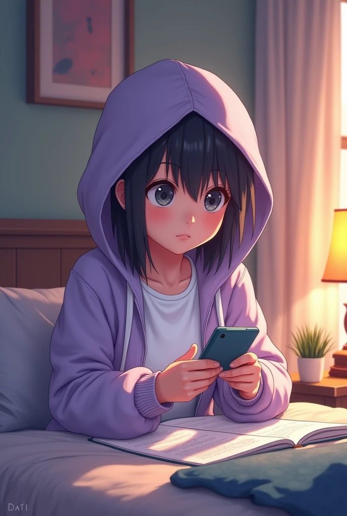 A girl wearing white pajamas and lavendar jacket with hoodie covering her head, studying for exam sitting in bed, but looking at mobile