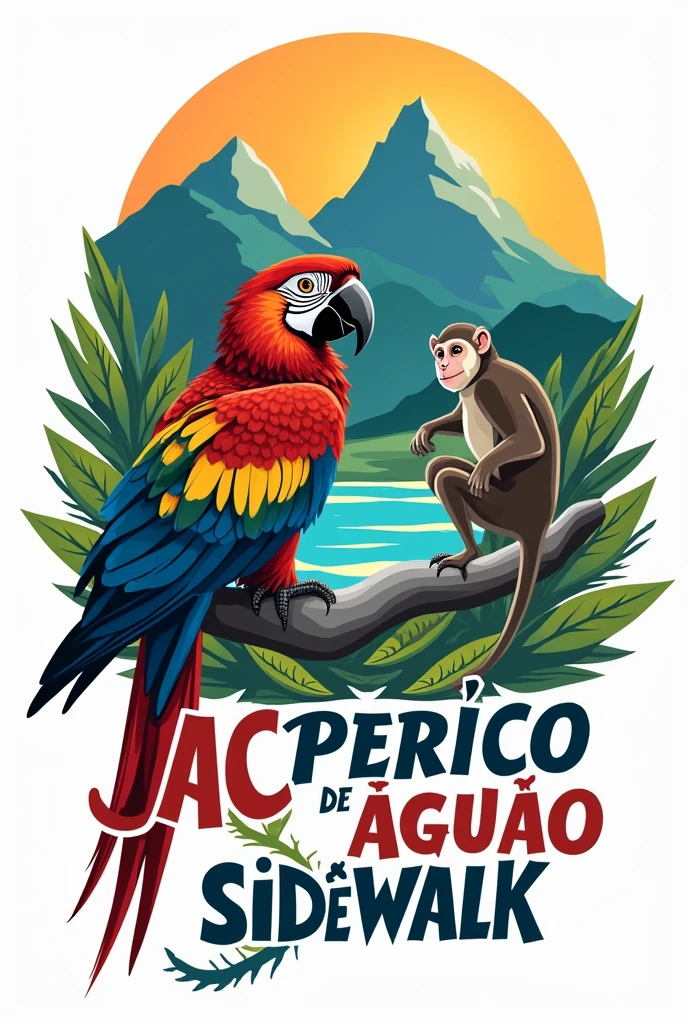 Create a logo in Spanish for a company with the following characteristics: Image with the two peaks of the Sierra Nevada of Santa Marta, laguna, river to the sea, Macaw, monkey and box that says: JAC PERICO AGUAO SIDEWALK