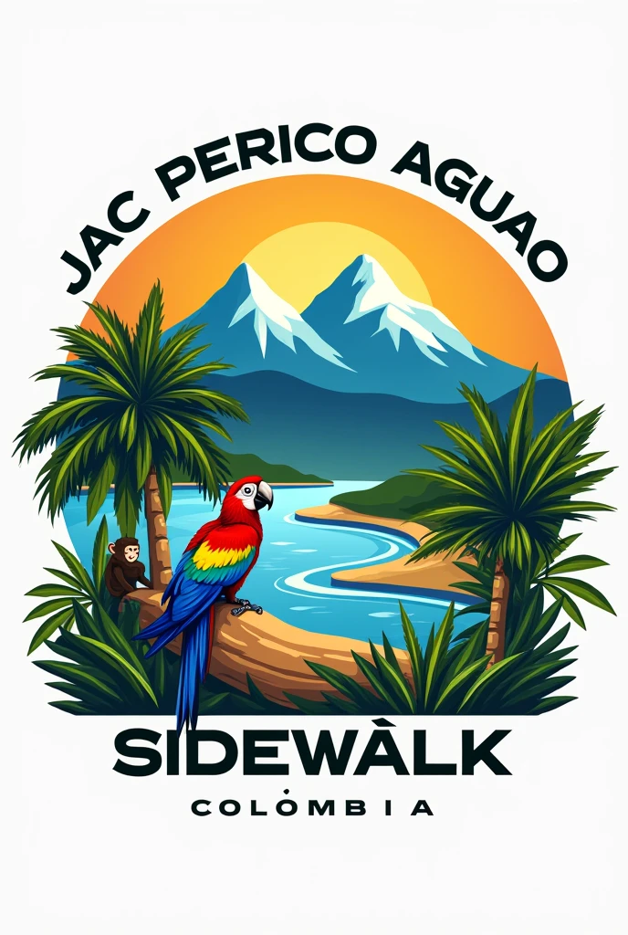 Create a logo in Spanish for a company with the following characteristics: Image with the two peaks of the Sierra Nevada of Santa Marta, laguna, river to the sea, Macaw, monkey and box that says: JAC PERICO AGUAO SIDEWALK