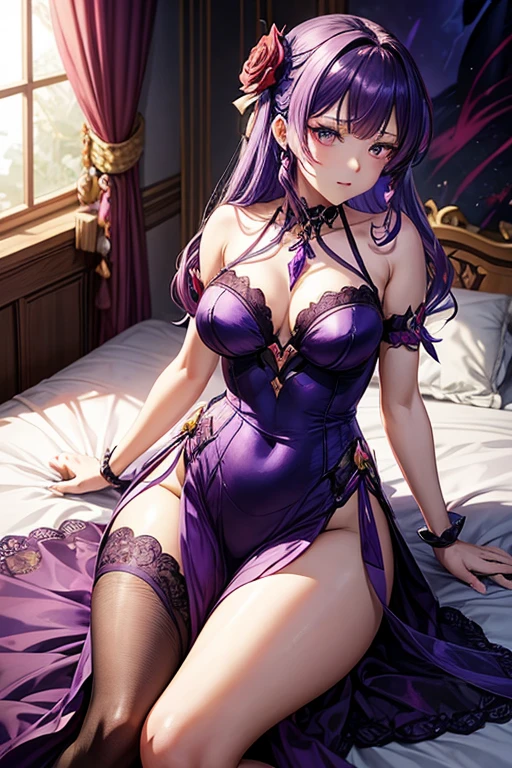 woman in a purple dress in a bedroom, ayaka genshin impact, ayaka game genshin impact, beautiful alluring anime woman, seductive anime girl, alluring mesmer woman, cushart krenz key art feminine, shalltear from overlord, portrait knights of zodiac girl, shalltear bloodfallen