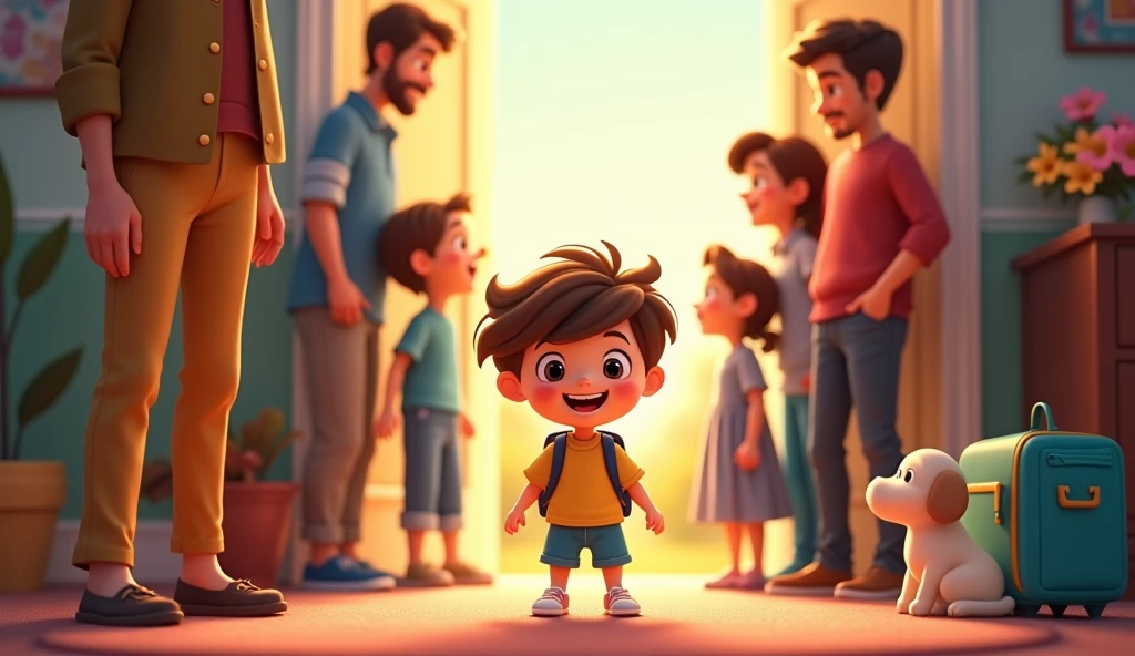 Generate a animated cartoon image of 4 year kid who is going school for the first time and his whole family watching him