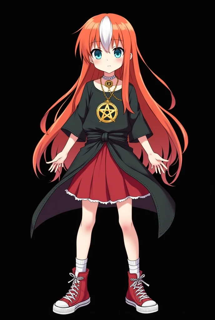 A full body image of an child, personagem do anime "JUJUTSU KAİSEN", she is very beautiful, with long, straight, fire-colored hair with two white streaks highlighted in the front, framing your face. She has blue-green eyes and pale skin.. she is a Wiccan, she is in fighting pose. she wears a pentagram necklace, skirts, beautiful women's high-top shoes and ¾-long socks. She is drawn with Gege Akutami's lines and animation style., criador de JUJUTSU KAİSEN. black backdrop.