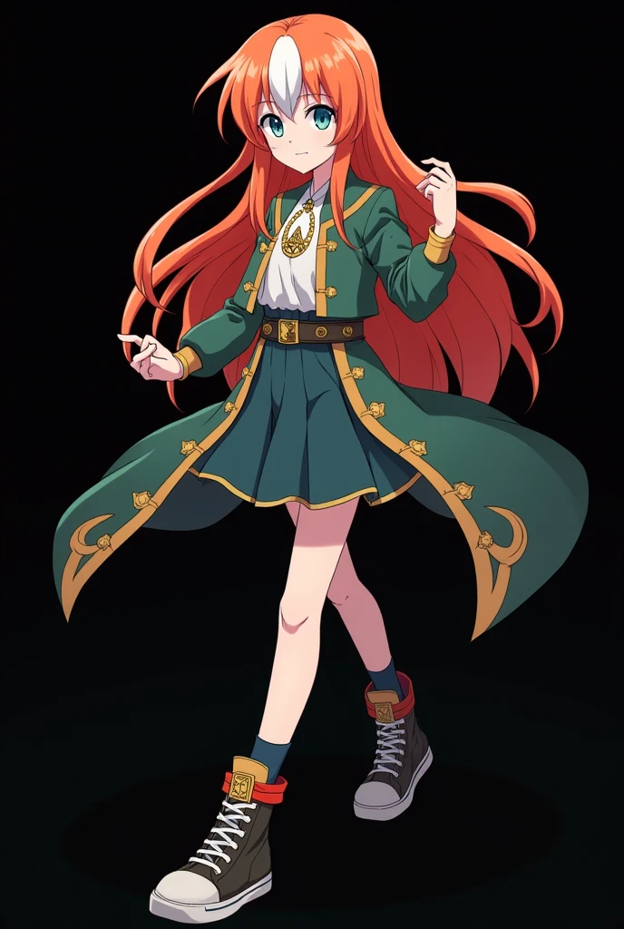 A full body image of an  , personagem do anime "JUJUTSU KAİSEN", she is very beautiful, with long, straight, fire-colored hair with two white streaks highlighted in the front, framing your face. She has blue-green eyes and pale skin.. she is a Wiccan, she is in fighting pose. she wears a pentagram necklace, skirts,  beautiful women&#39;s high-top shoes and ¾-long socks. She is drawn with Gege Akutami&#39;s lines and animation style., criador de JUJUTSU KAİSEN. black backdrop.