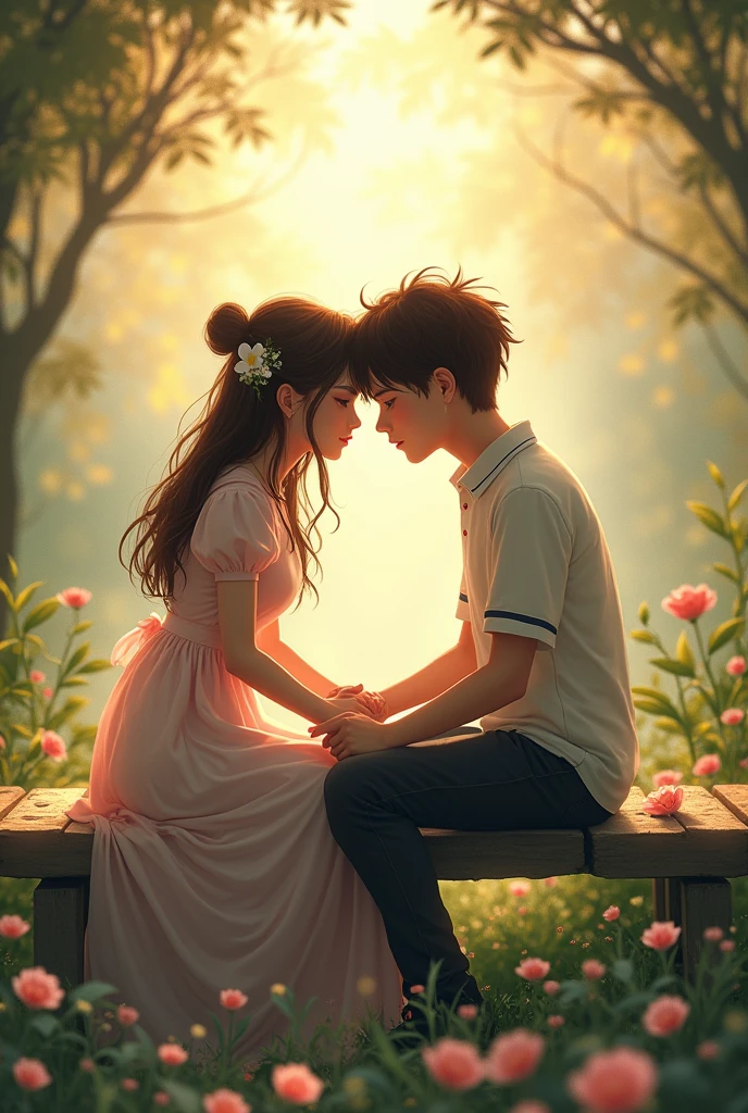 A girl was sitting with a boy Romantic style.