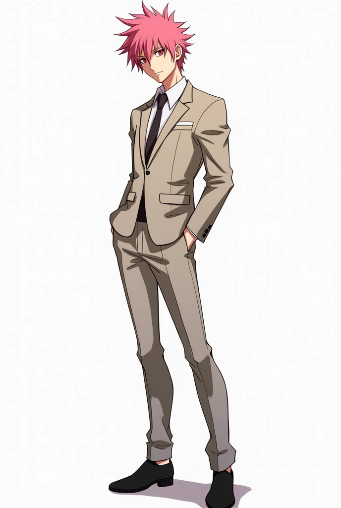 Men character art in anime and suit outfit and pink hair and black shoes and white background with full body image