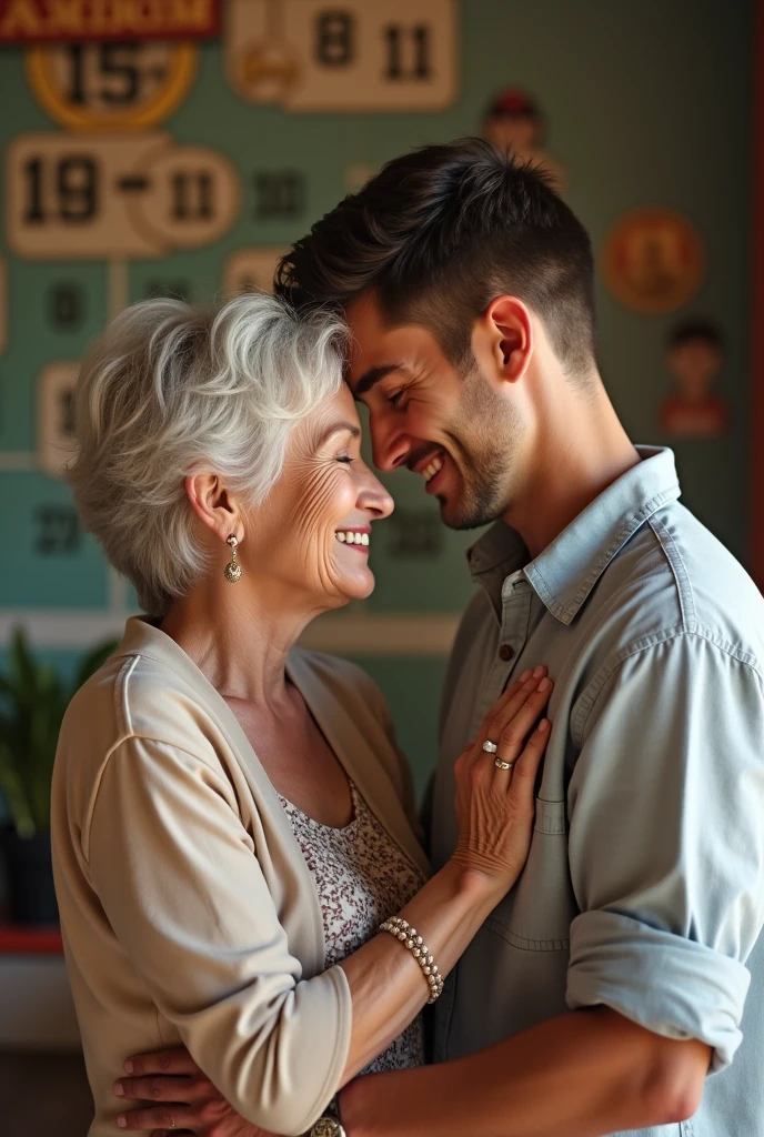 Mother and son photo，Suitable photos for son&#39;s marriage proposal，Mother 50 years old smiling、kindly，gentle，Son, 2，Handsome，Refreshing and steady，Game Background，Half-length photo，
