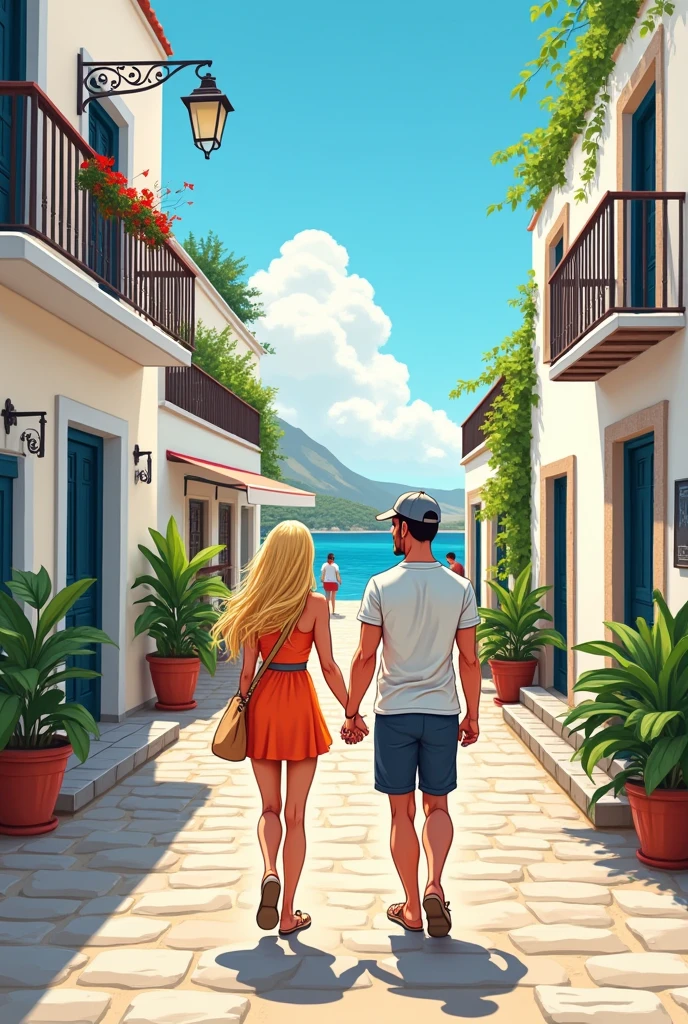 A blonde 2 woman with long hair and a 2 man with a béisbol hat on a romantic getaway in the streets of Greece, cartoon style
