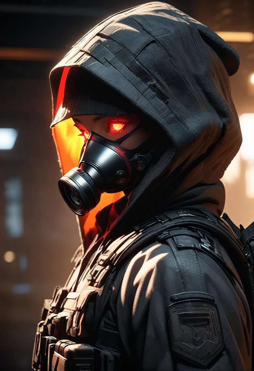 Male, hired gun, wearing tactical gear, wearing a edgy mask that has glowing eyes, wearing a hood over the mask, holding a rifle High Resolution, Masterpiece, Accurate, Anatomically Correct, Best Quality, Award Winning, Simple background, From Side, Hood Up, Mouth Mask, Mask On Head, Covered Eyes, Gas Mask, Depth Of Field, Lens Flare, Backlighting, Silhouette, Vignetting, Image Fill, Reflection Light, God Rays, Halftone, 3D Rendering, Anime Style, Artistic, Cinematic, Character Design, Cinematography, Digital Art, Gothic Art, OP Art, Realism, Unreal Engine,