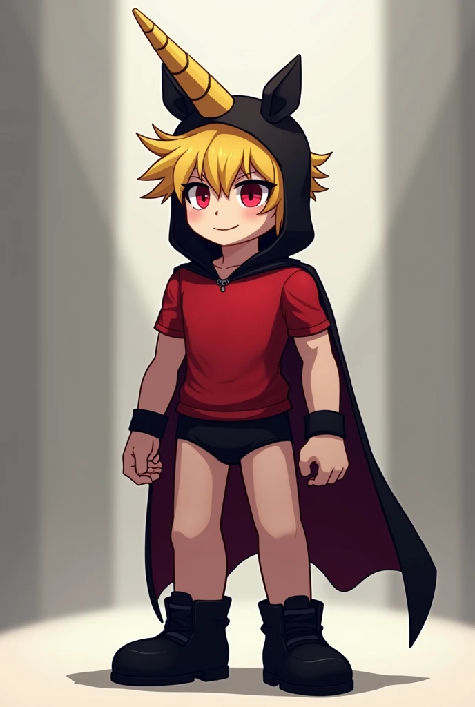I want the image of a blond male character with anime-like hair and red eyes in the format of Roblox, his model with a unicorn hat with 2 ears and 1 small horn and a cape behind him from Tomam Gang. I want short blond hair without a tail, a very square Roblox model with haunting red eyes and black shoes and underwear and a red shirt on top.