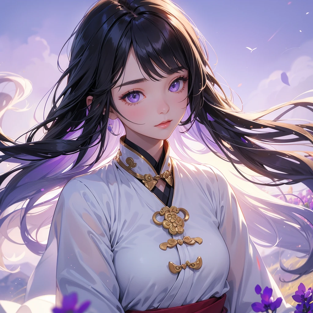A beautiful girl with black long hair, wear white ancient chinese clothes, Stroll among the purple lavender fields , There are some floating clouds,, with the sun shining on her face, close up.