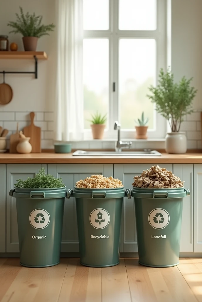 Generate a realistic image showing the separation of organic, inorganic and recyclable waste in a home