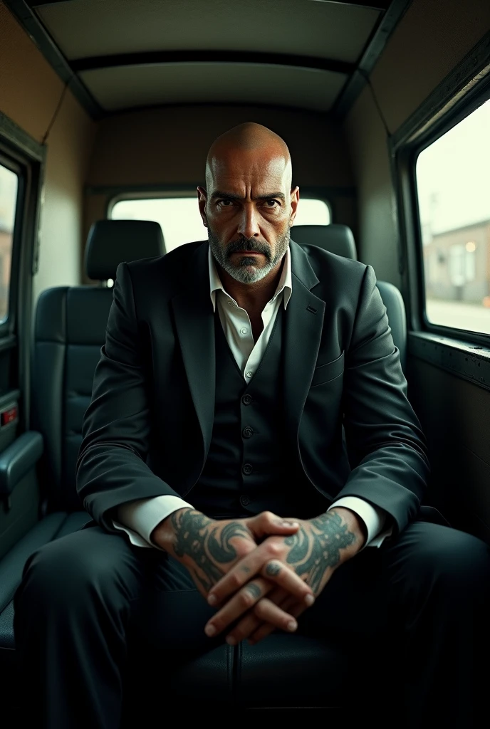 a gangster riding in a van