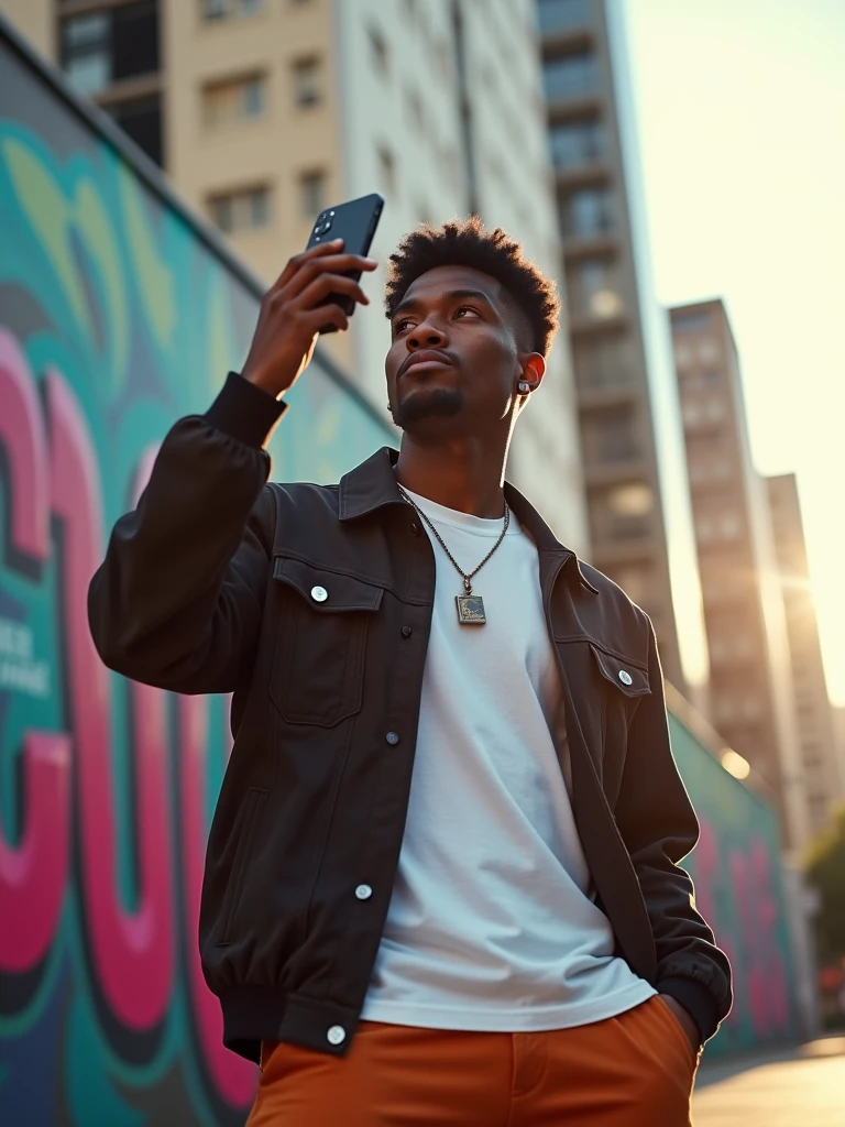 {
"prompt": "A powerful and stylish black male influencer, dressed in modern, trendy streetwear. He stands confidently in an urban setting, with tall buildings and vibrant street art in the background. His skin glows under the soft afternoon light, reflecting his success and positive energy. He is holding a smartphone in one hand, capturing content for his followers, while his other hand is casually in his pocket. The overall vibe is cool, inspiring, and dynamic, showing a blend of technology and culture.",
"size": "1024x1024"
}-uplight -upscale -variation -