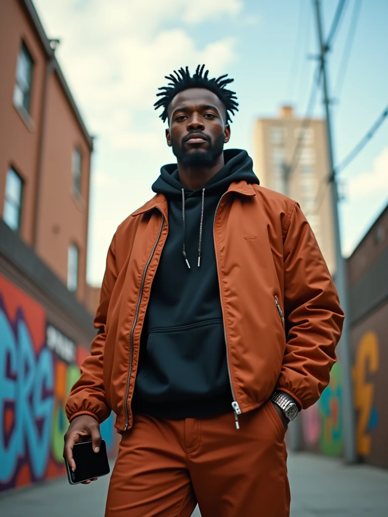 {
"prompt": "A powerful and stylish black male influencer, dressed in modern, trendy streetwear. He stands confidently in an urban setting, with tall buildings and vibrant street art in the background. His skin glows under the soft afternoon light, reflecting his success and positive energy. He is holding a smartphone in one hand, capturing content for his followers, while his other hand is casually in his pocket. The overall vibe is cool, inspiring, and dynamic, showing a blend of technology and culture.",
"size": "1024x1024"
}-uplight -upscale -variation -