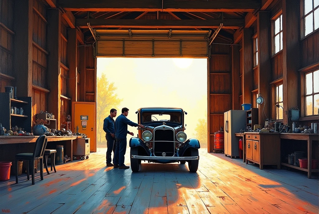 A colorful sketch made with oil paints using the alla prima technique, showing the interior of an old, large wooden car workshop. In the center of the scene there are two mechanics in work clothes and a broken, dark car from the 1930s standing, the open hood shows the engine of the car with two mechanics in work clothes leaning over it. The stage is illuminated by bright sunlight coming through the wide open large doors of the workshop, creating an interesting chiaroscuro and atmosphere. The further perspective is in deep shadow.