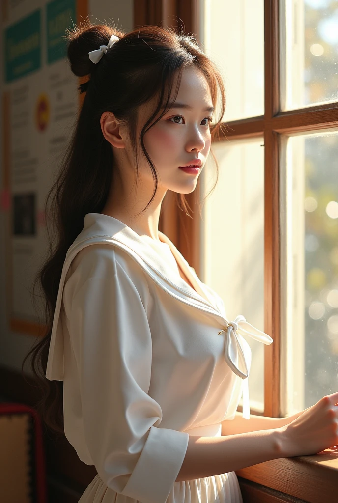 Beautiful  wearing a white sailor suit standing by the window in the classroom