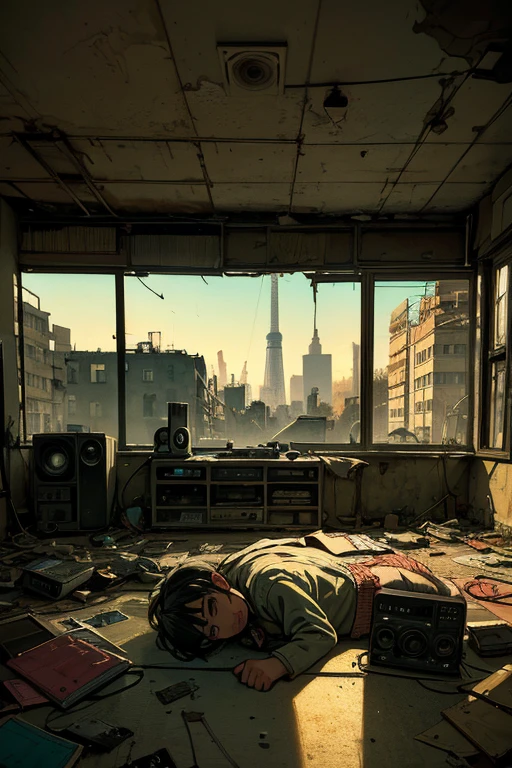 A child watching, into the living room, an old television set with news. On the floor next to him a small dirty audio cassette player. A painting in the background Nuclear explosion on the wall. cold war atmosphere. through the window you can see the damaged buildings, dirty and eaten away by vegetation.