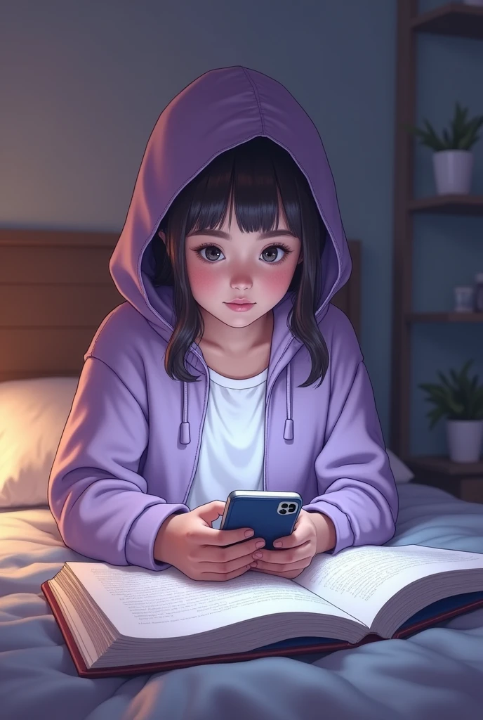 A girl wearing white pajamas and lavendar jacket with hoodie covering her head, studying for exam sitting in bed, but looking at mobile
