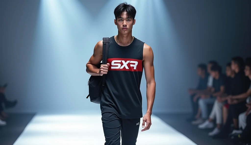 a sportwear fashion handsome 18 yrs. old, k pop Asian male model, runway show full body holding sports bag pack, tank top casual wear style, SXR logo design, ultra-detailed, film photography, light leaks, trending on sportwear, sharp focus, studio photo, futuristic detail please remember the following text:
"A sportswear fashionable 1 K-pop Asian male model walking the runway, carrying a sports backpack, wearing a casual tank top featuring the SXR logo design. The photo is ultra-detailed, shot using film photography with light leaks. The style is currently trending in sportswear, with sharp focus and futuristic details, captured in a studio setting." ls, highly detailed
