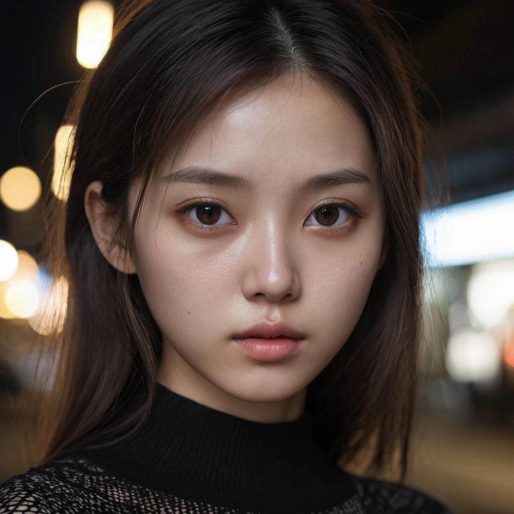 Ultra-realistic capture,Very delicate、Close-up of 16K human skin on public display,The texture of the skin is natural.、、The pores are、It must be detailed enough to be clearly identifiable..。Skin should look healthy with even tones.,mesa, raw photo, Best Quality, photorealistic, Depth of fields, cinematic light, Lens flare, ray tracing, (extremely beautiful face, Beautiful lips, pretty eyes), face with intricate details, ((ultra detailed skin)) 1 girl en, In the dark, deep shadow, cute asian girl, 1 girl, , ((looking at the viewer)),(Deep sadness:1.3), (blurred background), fashion street),(there are no people in the background:1.3), light eyes, (Pale skin), (shiny skin),(large eyes), look forward, ((upper body shot)),black dress,Knitted dresses,(brown hairs), (see through), (looking at the viewer:1.3)very thin, ((see through)), Very detailed, A hyperrealist,Realistic model、Long sleeve knitwear,,black spot,light eyes,High resolution, breasts,