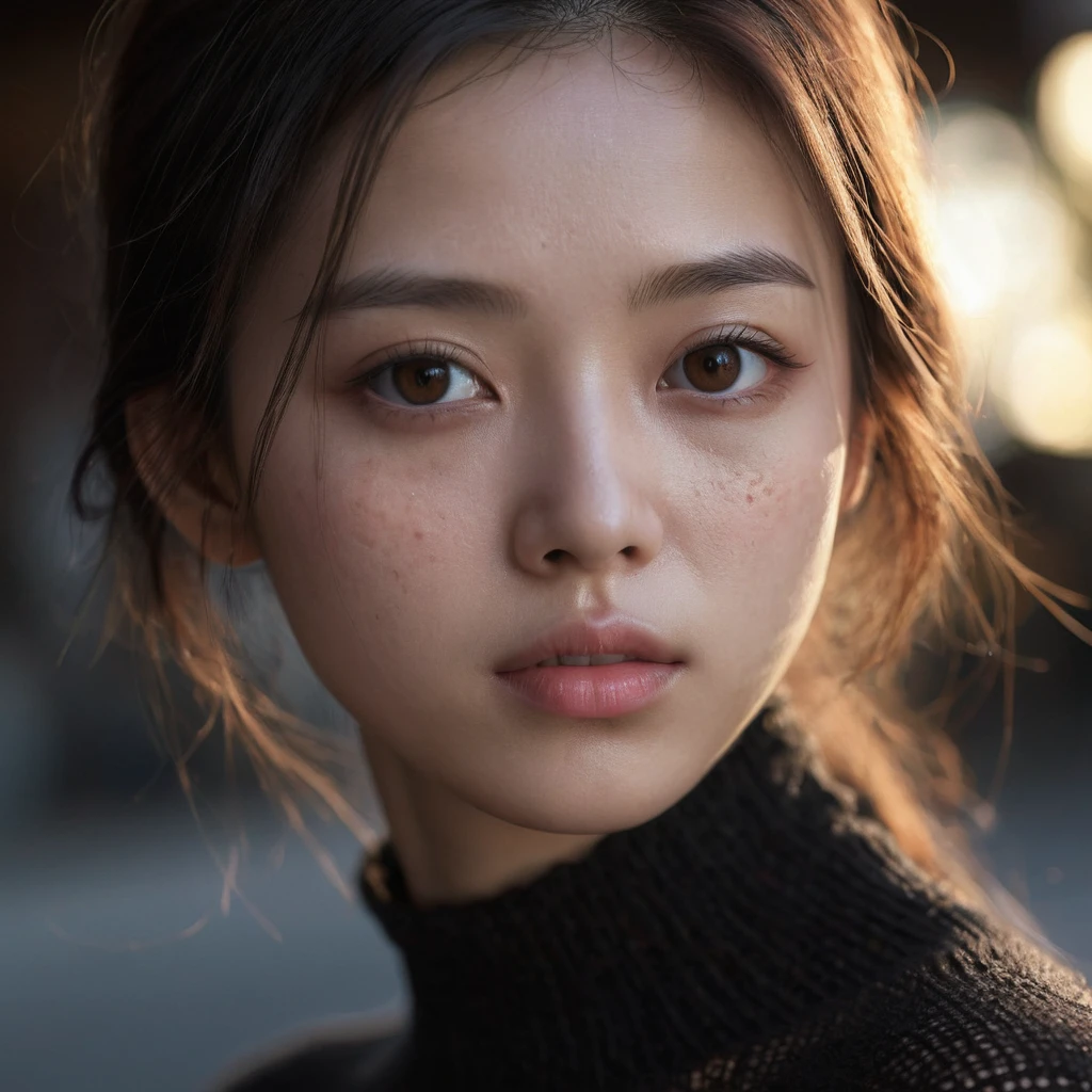 Ultra-realistic capture,Very delicate、Close-up of 16K human skin on public display,The texture of the skin is natural.、、The pores are、It must be detailed enough to be clearly identifiable..。Skin should look healthy with even tones.,mesa, raw photo, Best Quality, photorealistic, Depth of fields, cinematic light, Lens flare, ray tracing, (extremely beautiful face, Beautiful lips, pretty eyes), face with intricate details, ((ultra detailed skin)) 1 girl en, In the dark, deep shadow, cute asian girl, 1 girl, , ((looking at the viewer)),(Deep sadness:1.3), (blurred background), fashion street),(there are no people in the background:1.3), light eyes, (Pale skin), (shiny skin),(large eyes), look forward, ((upper body shot)),black dress,Knitted dresses,(brown hairs), (see through), (looking at the viewer:1.3)very thin, ((see through)), Very detailed, A hyperrealist,Realistic model、Long sleeve knitwear,,black spot,light eyes,High resolution, breasts,