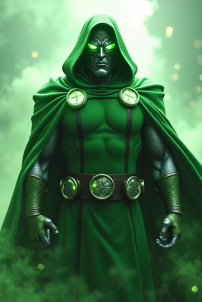 Marvel Dr Doom, green magic,face covered with grey real face armor except eyes has , green eyes,green robe,powerful,dominant,close up. Masterpiece, best quality