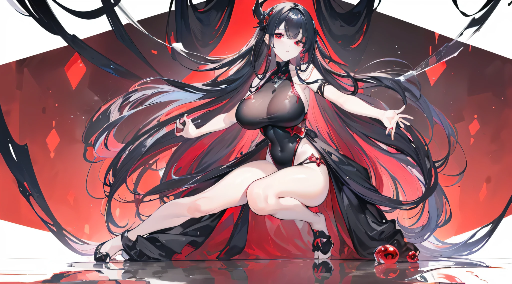 Exquisite eyes),(Clear and beautiful eyes:1.61),masterpiece, ung girl,(Black clothes and some red gems), Black long hair, (She has a huge red gem on her chest), Good Hand,((The Havoc of StarCraft)),full-body shot,Fighting Stance,(Red Eyes:1.466),short and small,(Very big breasts:1.35),(Pretty Face),(full-body shot:1.33),Beautiful hands