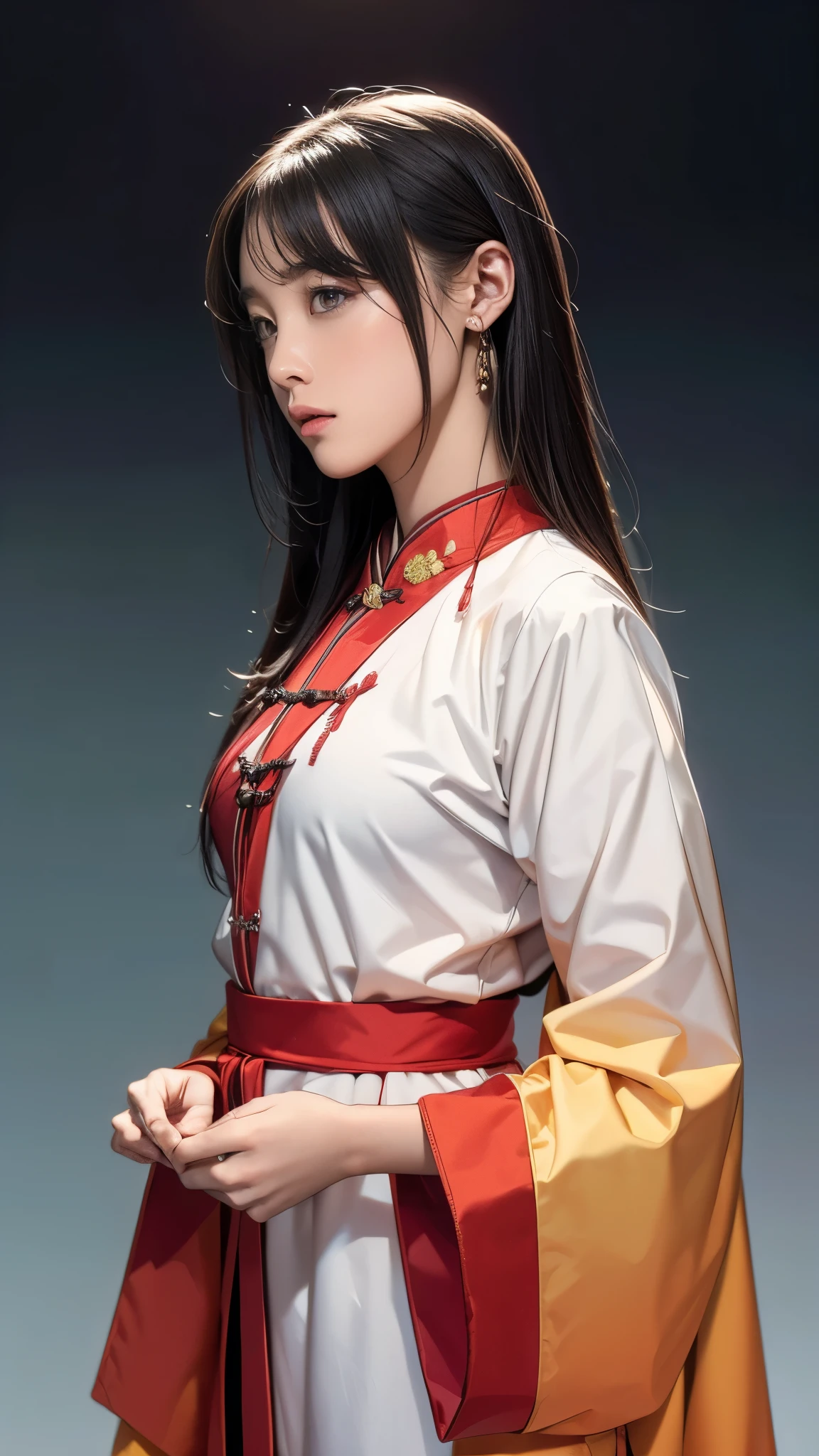 (masterpiece,Highest quality), (High resolution, 超High resolution, 8k,Highest quality,masterpiece,Very detailed,Studio Lighting,Ultra-fine painting,Sharp focus,Physically Based Rendering,Very detailed説明,Professional,Vibrant colors), ttnii,One girl, alone,flower, Border,Cowboy Shot, Lips parted, View your viewers, Grey Eyes, Multicolored background, Gradient Background, Chinese clothing, East Asian architecture, Depth of written boundary, with own hands, Particles of light, Film Grain,  all, Film Overlay, flat,article, 