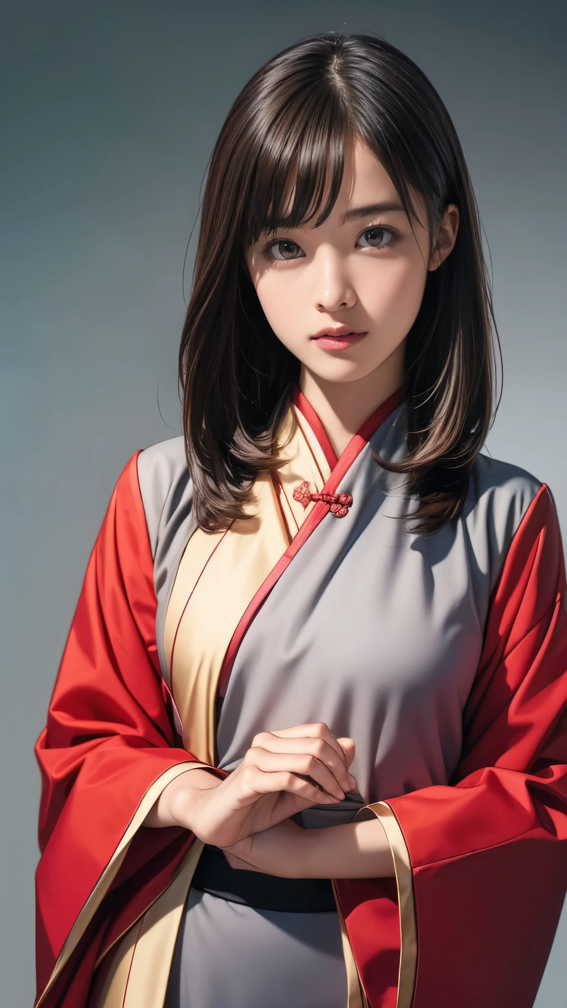(masterpiece,Highest quality), (High resolution, 超High resolution, 8k,Highest quality,masterpiece,Very detailed,Studio Lighting,Ultra-fine painting,Sharp focus,Physically Based Rendering,Very detailed説明,Professional,Vibrant colors), ttnii,One girl, alone,flower, Border,Cowboy Shot, Lips parted, View your viewers, Grey Eyes, Multicolored background, Gradient Background, Chinese clothing, East Asian architecture, Depth of written boundary, with own hands, Particles of light, Film Grain, all, Film Overlay, flat,article,