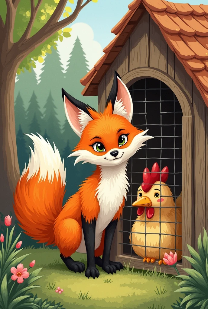 Dessin histoire pour enfant, dessin mignon, renard derrière un grillage de poulailler qui prépare un mauvais coup avec un air coquin et prédateur.  Point de vue d'une poule