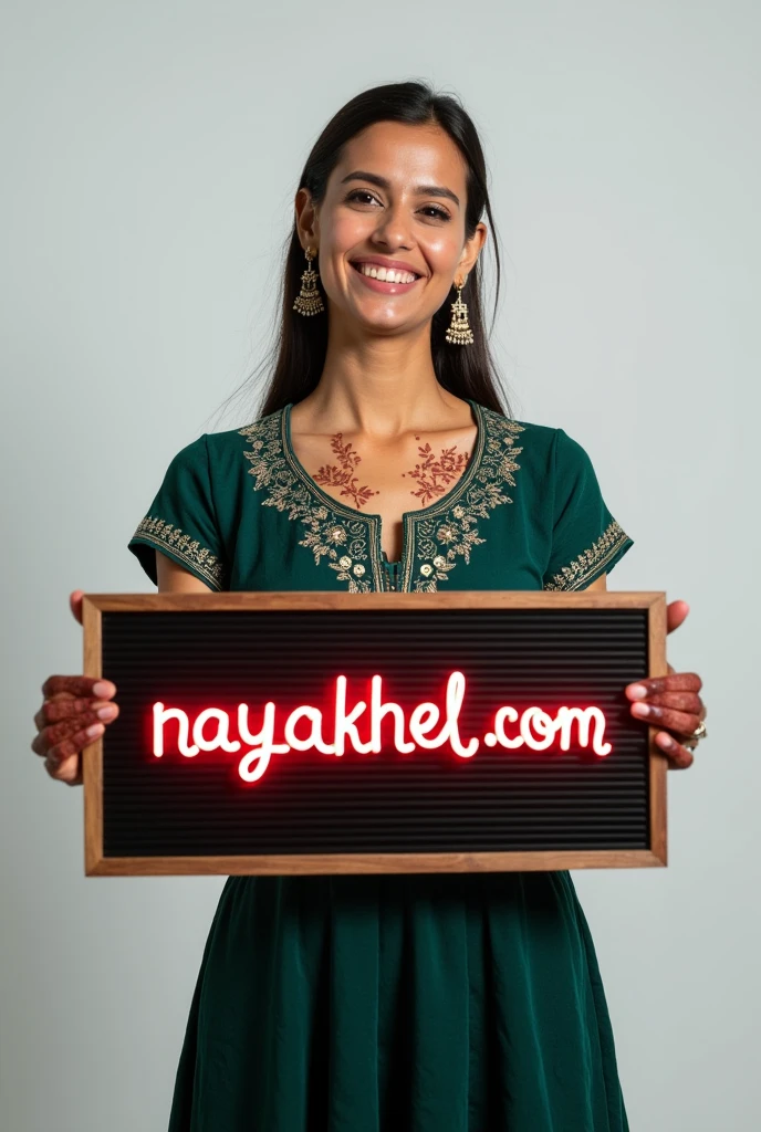 Beatiful indian girl in dark green indian dress, smiling face, holding a neon sign board, with a text " NAYAKHEL.COM " showing to viewer, in white background