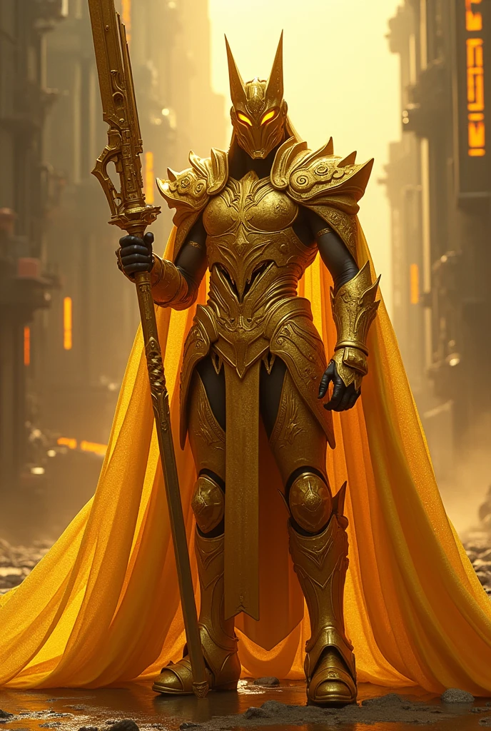 Gothic futuristic radiant gold armour , with gunsword
