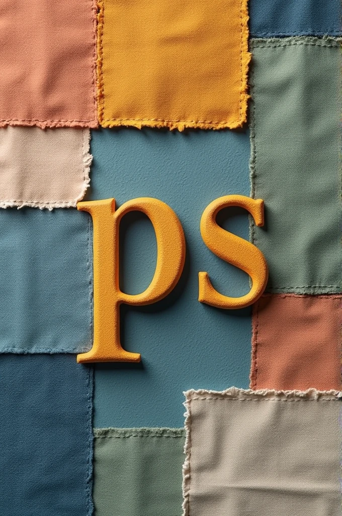 Sustainable clothing brand logo "ps" with simple raised letter,with textile patchwork background